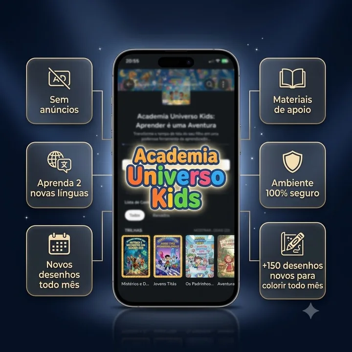 Mockup do app Academia Universo Kids no celular com recursos ao redor